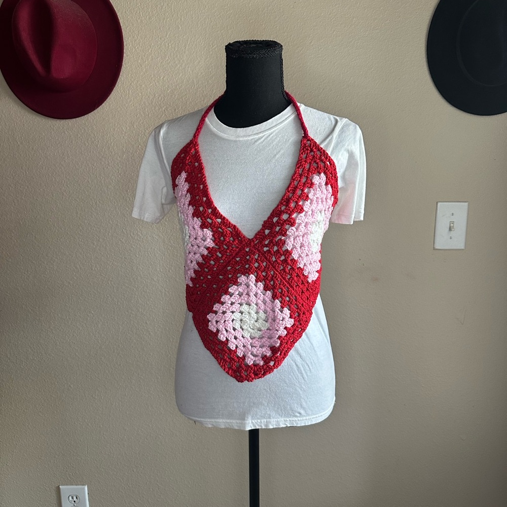 Sz M Handmade 100% Cotton Red and Pink Crochet Halter Top